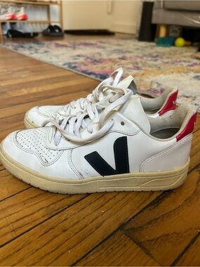 Veja White Leather Sneakers with Navy 'V' and Red Heel Tab
